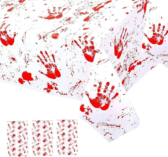 3 Pieces Bloody Handprint Tablecloth - 54x108 Inches Disposable Blood Splatter Themed Plastic Table Cover with Red Handprints for Halloween Horror-Themed Party Decorations, and Scary Movie Nights
