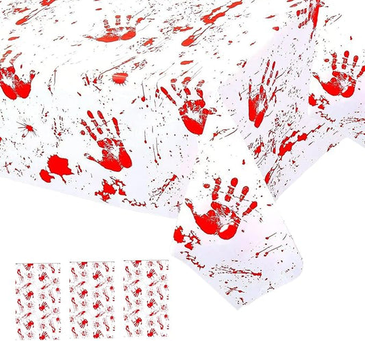 3 Pieces Bloody Handprint Tablecloth - 54x108 Inches Disposable Blood Splatter Themed Plastic Table Cover with Red Handprints for Halloween Horror-Themed Party Decorations, and Scary Movie Nights