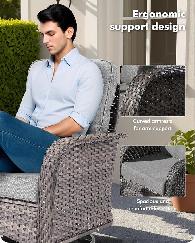 5 Pieces Patio Furniture Set,Outdoor Furniture with Rockers, Rattan Conversation Sets w/Coffee Table, Grey Wicker Light Dark Gray Cushion
