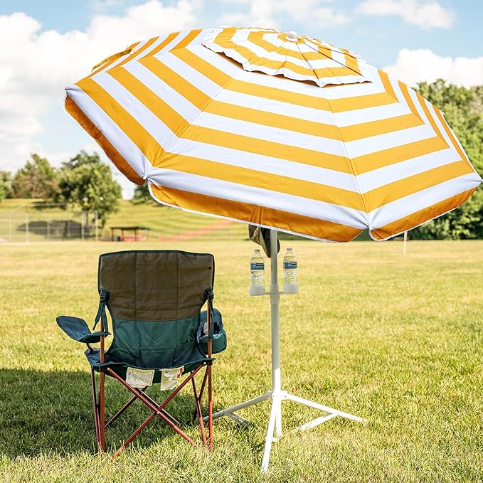 AMMSUN Shade Umbrella, Premium Portable Umbrella with Stand, 6.5ft Lightweight Free Standing Canopy for Sporting Games, Adjustable Instant Sun Protection and Easy to Carry, Stripe Yellow