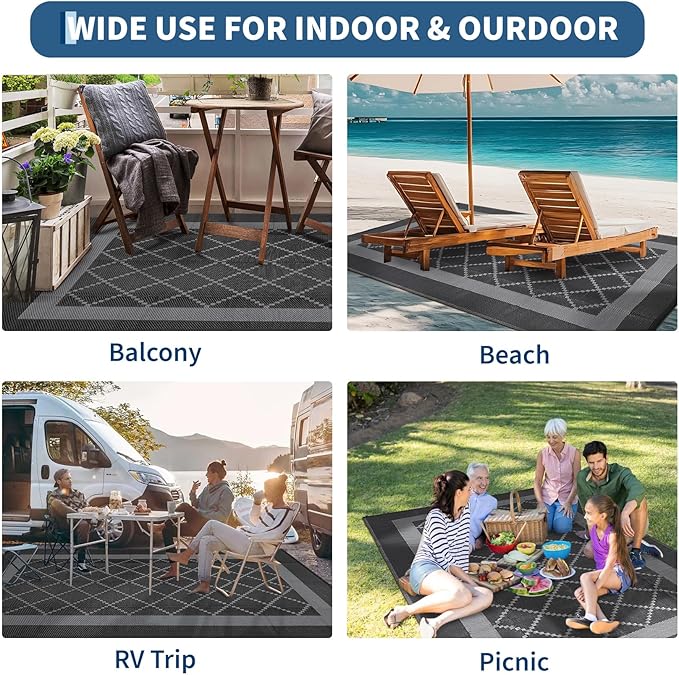Outdoor Rug 10x20 Waterproof Reversible Mat Indoor Outdoor Plastic Straw Rus Carpet All Weather Modern Trellis RV Mat Carpet for Patio Deck Balcony Pool Picnic Black/Grey