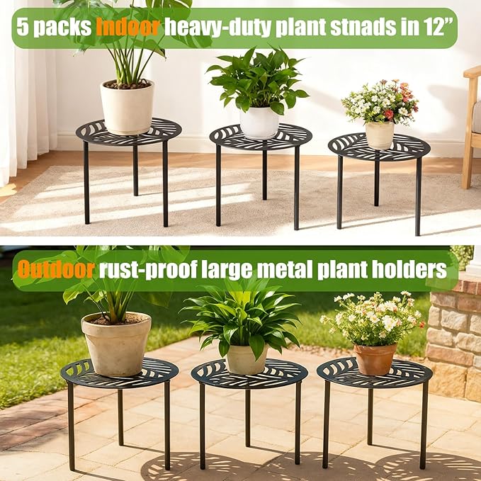 5-Pack 12 Inches Large Heavy-duty Metal Plant Stands Flower Pot Holder for Indoor Outdoor Rust-proof Potted Planter Riser Modern Round Corner Stand Shelf for Living Room Patio Garden Yard, Black, 12" D x 12" H