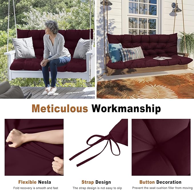 2-3 Seat Swing Replacement Cushion, Outdoor Bench Cushions with Backrest Thicken 4", Patio Furniture Garden Porch Loveseat Glider Pad Anti-Fading Waterproof (Wine Red, 40x40in)