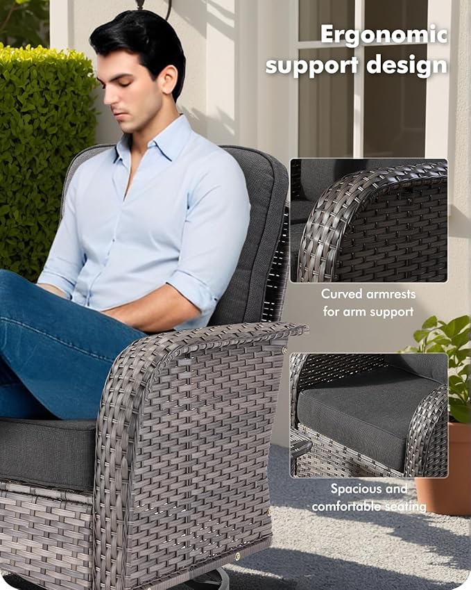 5 Pieces Patio Furniture Set,Outdoor Furniture with Rockers, Rattan Conversation Sets w/Coffee Table, Grey Wicker Black Cushion