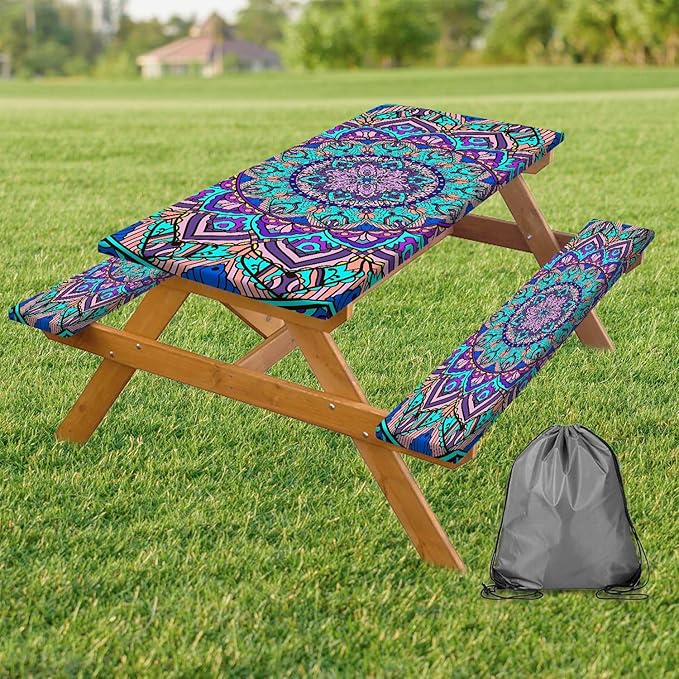 Picnic Table Cover with Bench Cover, Boho Table Covers with Elastic Waterproof Camping Tablecloth with Drawstring Bag, Outdoor Travel Rv Patio Camping Essentials, 72In 3PCS