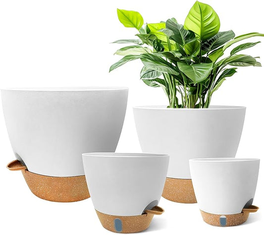 12"/10"/9"/8" Self Watering Pots with Visual Water Window,Extra Large Self Watering Plant Pots with Drainage Holes & Saucers,White Planters for Indoor Plants,4-Pack