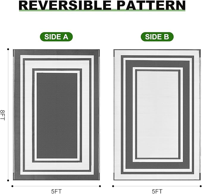RURALITY Outdoor Rugs 5x8 for Patios Clearance,Waterproof Mats for Porch,Deck,Plastic Straw Area Rugs for Backyard,Balcony,Reversible,Grey&White