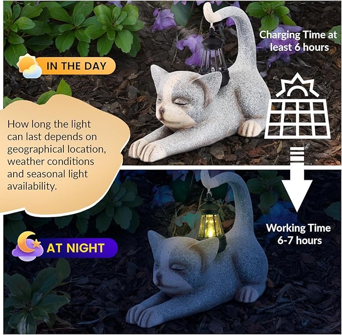 JUMPHIGH Garden Cat Statue with Solar Lantern, Garden Sculpture Decor Animal Figurines Cute Cat for Yard Lawn Patio Balcony Outdoor Ornament, Unique Gifts for Women mom dad