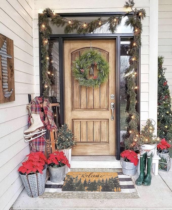 Winter Chirstmas Welcome-Doormat Outdoor-Entrance Pine-Trees Front-Door-Mat, Faux-Coir Seasonal Entryway-Rug Non-Slip Dirt-Trapping Indoor-Outside Porch Mat 17"x30" for Home Decor