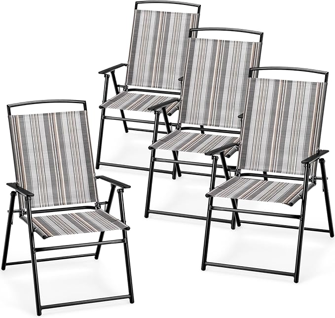 Giantex Patio Chairs Set of 4, Outdoor Folding Chairs with Armrests, Metal Frame, Outside Foldable Dining Chairs for Lawn Deck Porch Beach Yard (Stripe Pattern & Black)