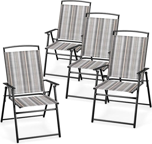 Giantex Patio Chairs Set of 4, Outdoor Folding Chairs with Armrests, Metal Frame, Outside Foldable Dining Chairs for Lawn Deck Porch Beach Yard (Stripe Pattern & Black)