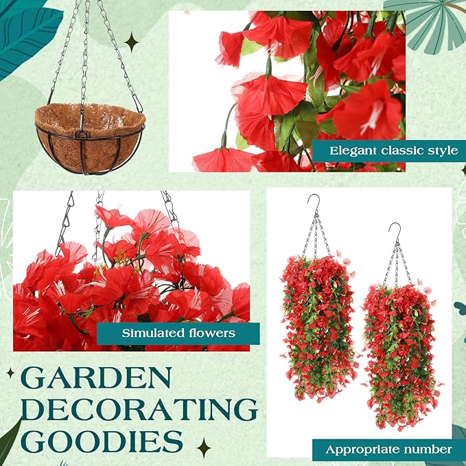 Hotop 2 Set Artificial Hanging Flower Basket and 6 Pcs Bougainvillea Silk Vine Flower for Outdoor Indoor UV Resistant Faux Hanging Plant Coconut Lining Planter Pot(Red)