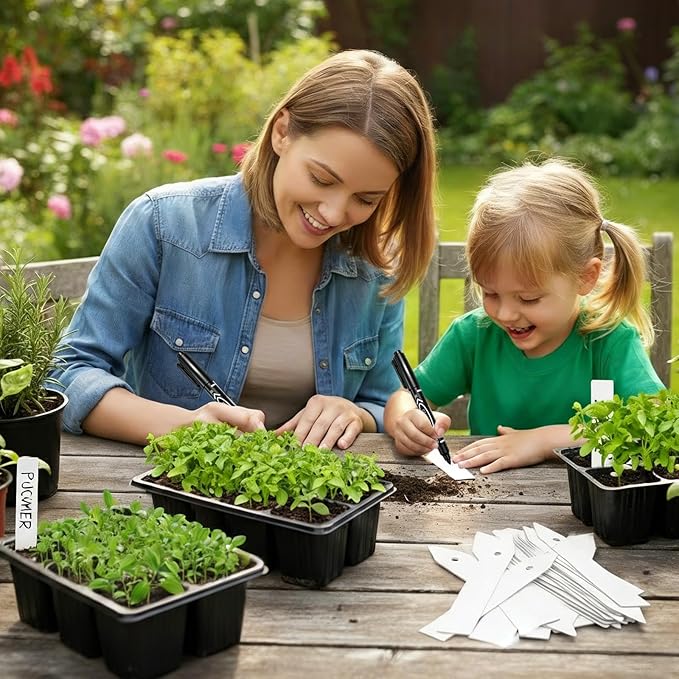 Plant Labels 150 PCS, Slim White Garden Plant Tags with Holes, PP Plastic Waterproof Labels with Permanent Marker, Jute Twine & Storage Box for Indoor & Outdoor Gardening (150PCS)