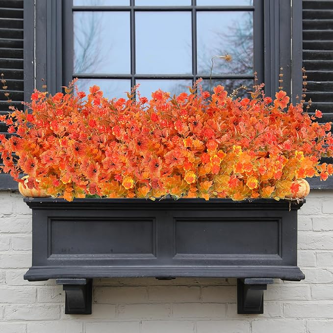 AmyHomie 16 Bundles Mix Orange Artificial Fall Flowers for Outdoor Fall Decor UV Resistant Fake Mums No Fade Fake Plastic Plants Garden Porch Window Box Decorating