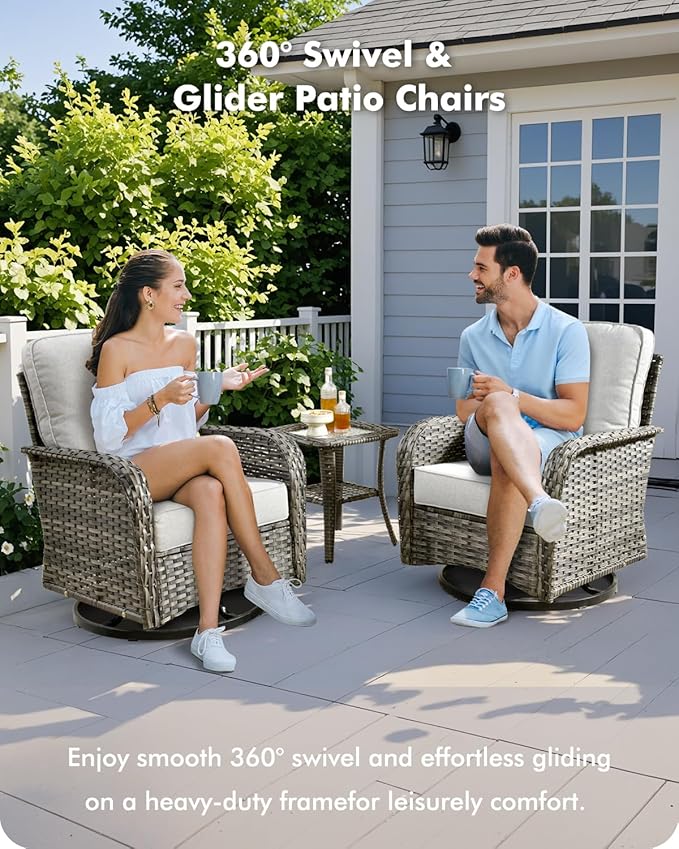 3-Piece Swivel Rocking Rattan Chair Outdoor, Patio Bistro Furniture Conversation Set, Wicker Chair with Coffee Table Grey