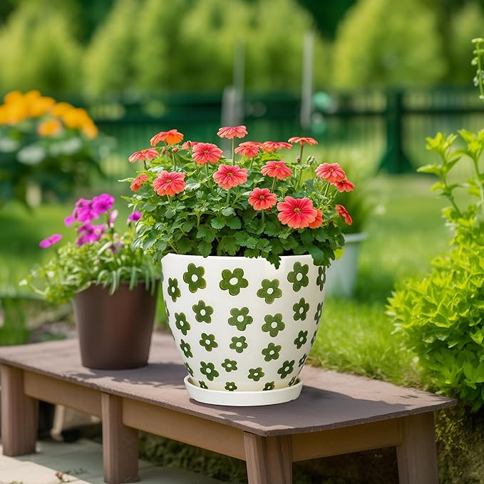 Indoor Plant Pots - 10+8+6 Inch Ceramic Planters for Indoor Plants, Boho Round Ceramic Flower Pots with Drainage Holes and Saucers, Housewarming Gifts, Home Decor, Set of 3, White