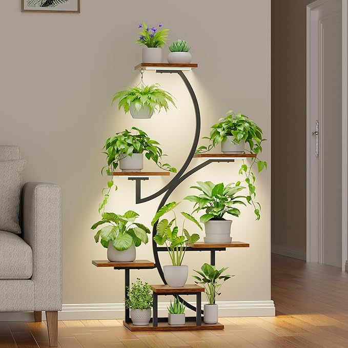 Plant Stand Indoor with Grow Lights, 7 Tiered Plant Shelf Indoor, 44" Corner Plant Stands for Indoor Plants, Tall Plant Flower Display Shelf, S-Shaped Plant Rack for Home, Living Room, Black
