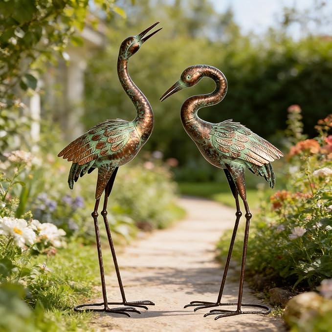 Shorayn Garden Crane Statues, Blue Heron Sculptures for Outdoor, Cranes Decor Metal Bird, Patina Garden Art Lawn Ornaments for Yard Patio Porch Outside Decorations