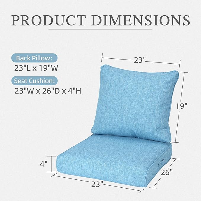 Aoodor 23" x 26" Patio Deep Seat Cushion Set, Water Resistant & Fade Resistant Outdoor Furniture Cushions with Adjustable Straps for Patio, Deck, Garden, Set of 2, Lake Blue