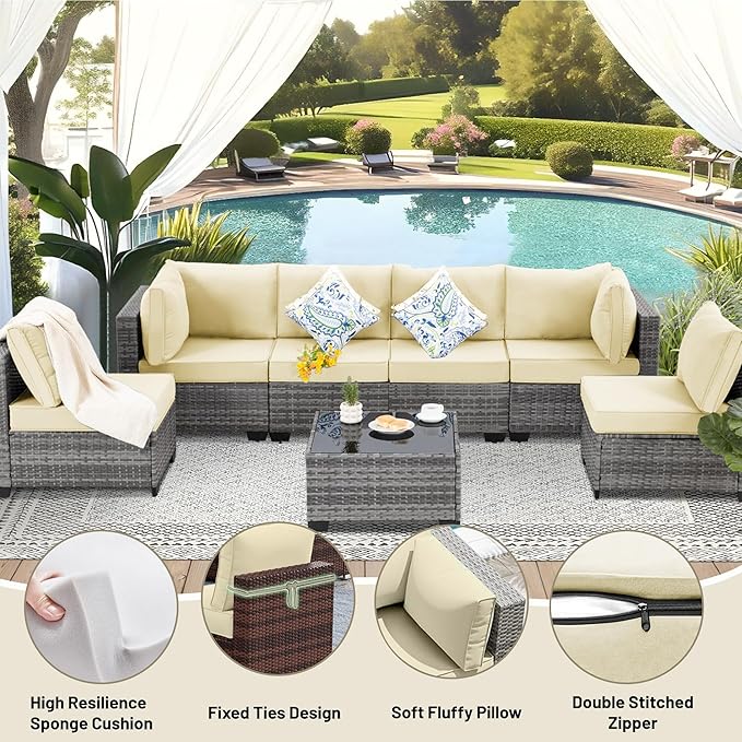 14 Piece Outdoor Sectional Cushions, Water-Resistant Outdoor Sofa Cushions Replacement, 4" High Density Foam Patio Furniture Cushions Fits 6-seat Rattan Conversation Set (Beige)