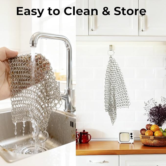 Amagabeli Cast Iron Cleaner 8"x6" 316L Stainless Steel Chainmail Scrubber Cast Iron Skillet Cleaner for Pan Pot Wok Griddles BBQ Grills Cast Iron Cleaning
