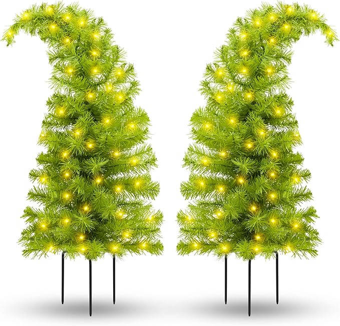 2 Pack Whimsical Christmas Urn Filler, 30 Inch Battery Operated Lighted Xmas Whimsical Christmas Tree, Tripod Stake and 60 LED Lights, Holiday Porch Decorations for Porch, Yard, Garden, Flower Beds