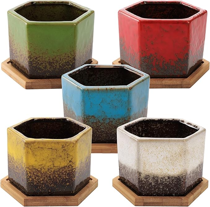 TOPZEA Set of 5 Succulent Planter Pots, 4.2 Inch Hexagon Glazed Ceramic Small Cactus Pot, Geometric Mini Flower Plant Container with Drainage Hole & Bamboo Tray for Home, Office, Windowsill, Desk