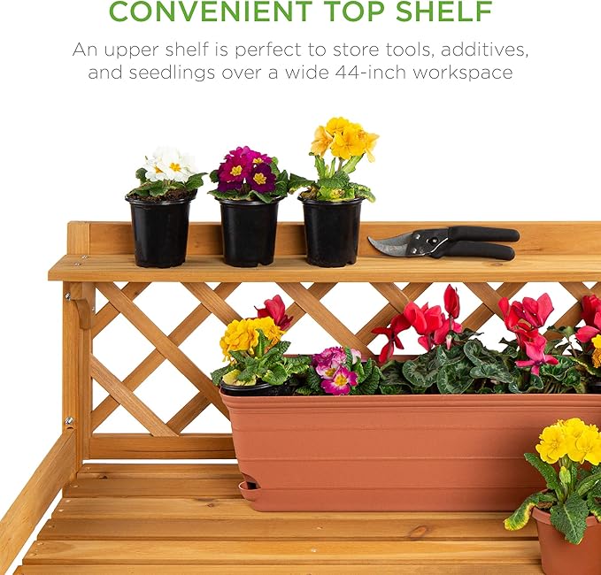 Best Choice Products Outdoor Garden Potting Bench, Wooden Workstation Table w/Cabinet Drawer, Open Shelf, Lower Storage, Lattice Back - Natural