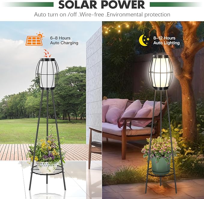 2 Pack Solar Lights Outdoor with Plant Stands, Solar Floor Lamps, Black Metal Tripod Deck Lights, Patio Decor for Garden Yard Pathway Driveway Porch