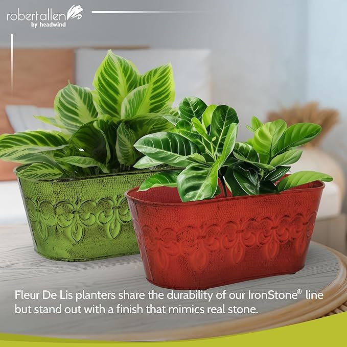 Headwind Ironlite Fleur De Lis Collection – 10" Cayenne Red Oval Decorative Planter with Drain Plug – Lightweight Metal Garden Pots for Indoor & Outdoor Planters Use by Robert Allen