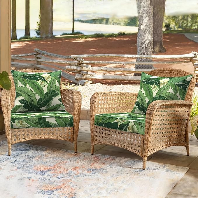 Outdoor Deep Seat Cushion Set, Water Repellent 24"x24" Patio Thick Cushions Replacement with Seat & Back Pillow for Patio Sofa, Wicker Chair, Couch - Swaying Palms Green