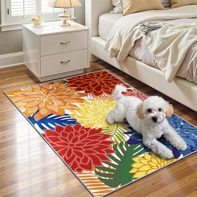 2x3 Colorful Washable Small Rug Tropical Botanical Modern Floral Indoor Chenille Door Mat Carpet Non Slip for Patio, Entry Way, Entrance, Porch, Rainbow