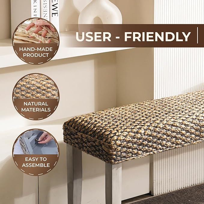 Solid Wood Acacia Bench with Natural Woven Seat, Boho Bench Entryway, Entry Bench Seat, Wood Bench for Living Room, Porch Lawn Garden Yard or Entryway (Grey Leg, Water Hyacinth)