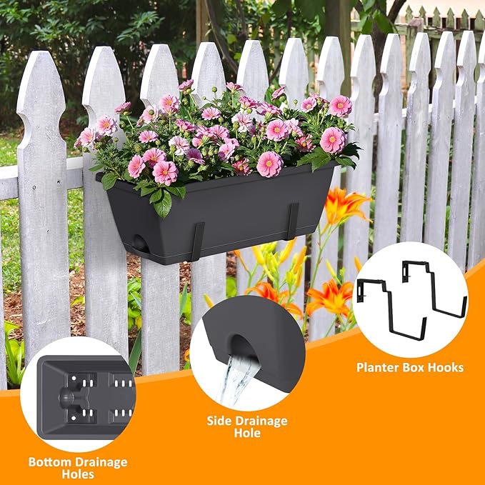 smusei 4 Pack 17 Inch Window Boxes Planters Deck Railing Planter Boxes Adjustable Balcony Planters Railing Hanging, Rectangular Fence Rail Hanging Planter for Outdoor Plants Flower Pots Herb