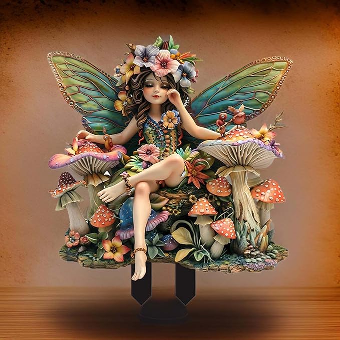 JOYO 11.8''Bohemian Fairy Flower Pot Decoration,Fairy Garden Planter Accessories,2D Acrylic Ground Plug,Fairy Pumpkin Angel Garden Stake for Pot Plants and Garden Yard Lawn Décor (P03)