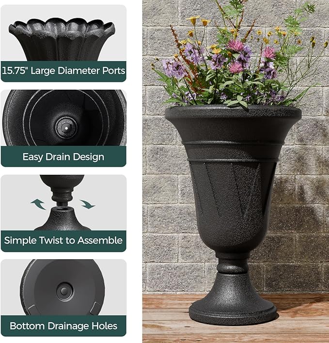 23.6" Tall Plastic Urn Planters for Outdoor Plants, Set of 2 Heavy-Duty Classic Indoor Large Flower Pots with Drainage Holes & Trophy Design, Outdoor Planters for Porch, Home Garden, Black