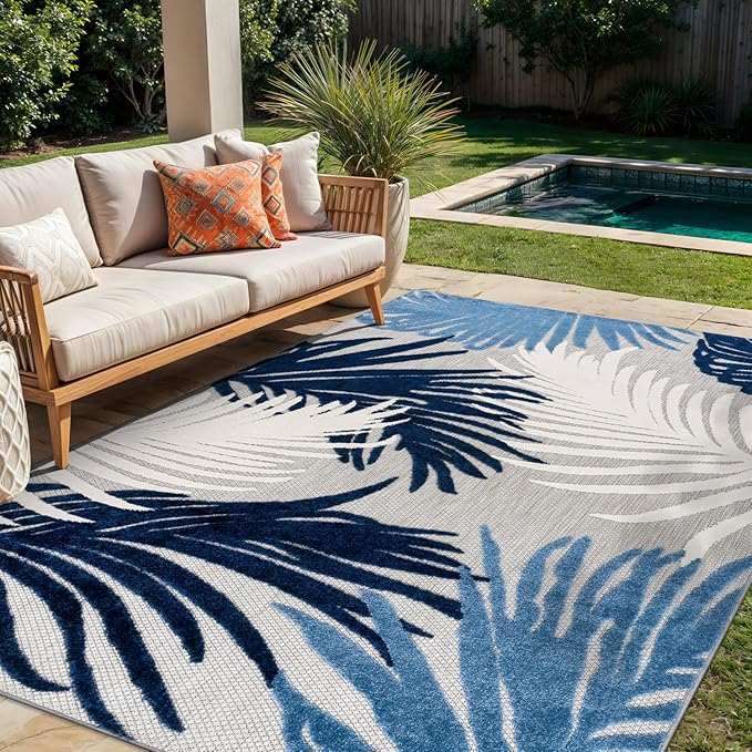 Rugshop Navy Lucca Contemporary Floral Indoor/Outdoor Area Rug Durable Polypropylene, Weather Resistant, Easy to Clean Perfect for Patio, Backyard, Deck and Outdoor Lounge 5' x 7'