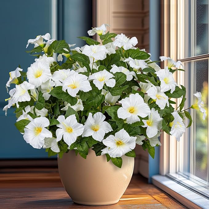 19 Inch Artificial Fake Flowers for Outdoor,4 Pcs White Faux Silk Petunias Spring Flowers for Outside for Indoor Porch Planter Front Door Garden Patio Window Box Home Decor
