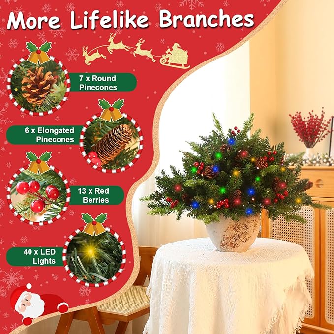 JOYHALO 2 Pack Set 30Inch Christmas Urn Filler with 40 Lights in Warm White and Multicolor, Christmas Pot Fillers with PVC&PE Branches, Outdoor Xmas Trees for Porch Pathway Entryway Yard Decorations