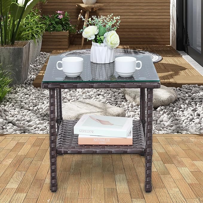 Outdoor Wicker Glass Top Side Table - Patio Balcony Deck Pool Square End Table with Storage, Dark Brown