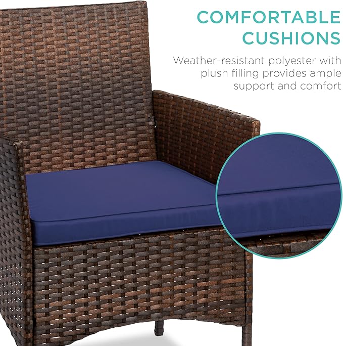Best Choice Products 3-Piece Outdoor Wicker Conversation Bistro Set, Space Saving Patio Furniture for Garden w/Side Table - Brown/Navy