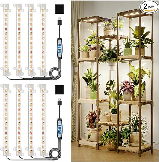 8 inches LED Grow Light Strips, Full Spectrum Grow Lights for Indoor Plants with 6/12/16H Timer, 5 Dimmable Levels, Plant Light for Seedling Succulent, Ideal for Plant Shelf (4 Strips*2pcs)