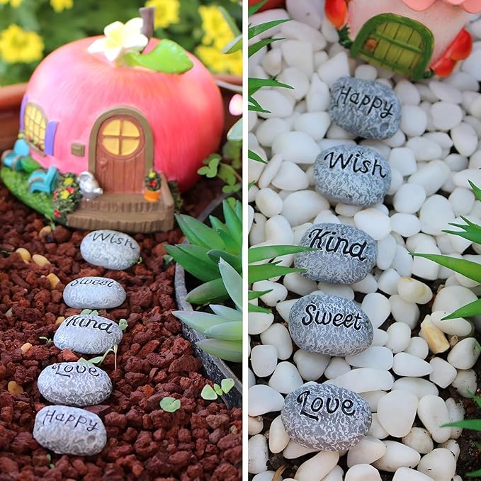 5pcs Inspirational Word Stones, Fairy Garden Accessories, Resin Miniature Pebbles for Fairy Garden Decor, Tiny Positive Message Rocks, Cute Plant Pot Ornaments