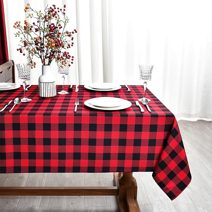 Red Gingham Christmas Plaid Tablecloth - Rectangular 58x102 Inch Water Resistant Table Cloth for Indoor/Outdoor Use - Holiday Table Cover for Kitchen, Picnics, and Parties
