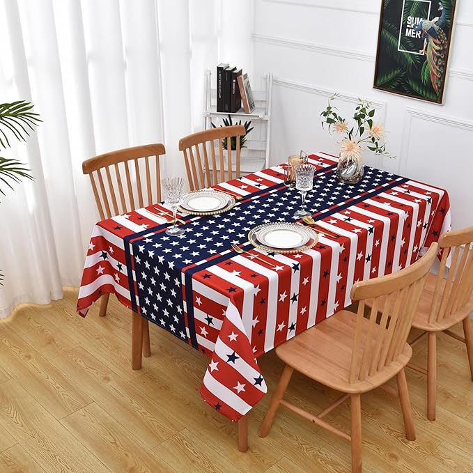 Waterproof July 4th Tablecloth Fabric - Rectangle 58x84 Inch Classic Gingham USA Themed Table Cloth for Indoor/Outdoor Use - Washable Table Cover for Kitchen, BBQs, and Parties