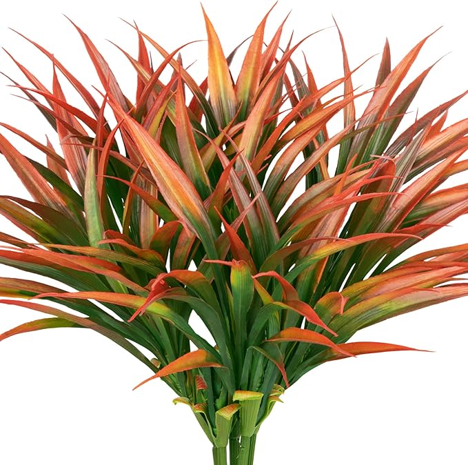 Ouddy Decor 20 Pcs Fake Outdoor Plants Artificial Grass Greenery Stems Faux Plastic Plants UV Resistant for Spring Summer Indoor Outside Garden Planter Pathway Porch Patio Window Home Decor, Orange