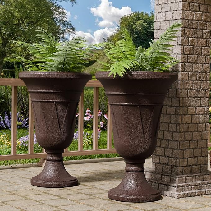 23.6" Tall Plastic Urn Planters for Outdoor Plants, Set of 2 Heavy-Duty Classic Indoor Large Flower Pots with Drainage Holes & Trophy Design, Outdoor Planters for Porch, Home Garden, Brown