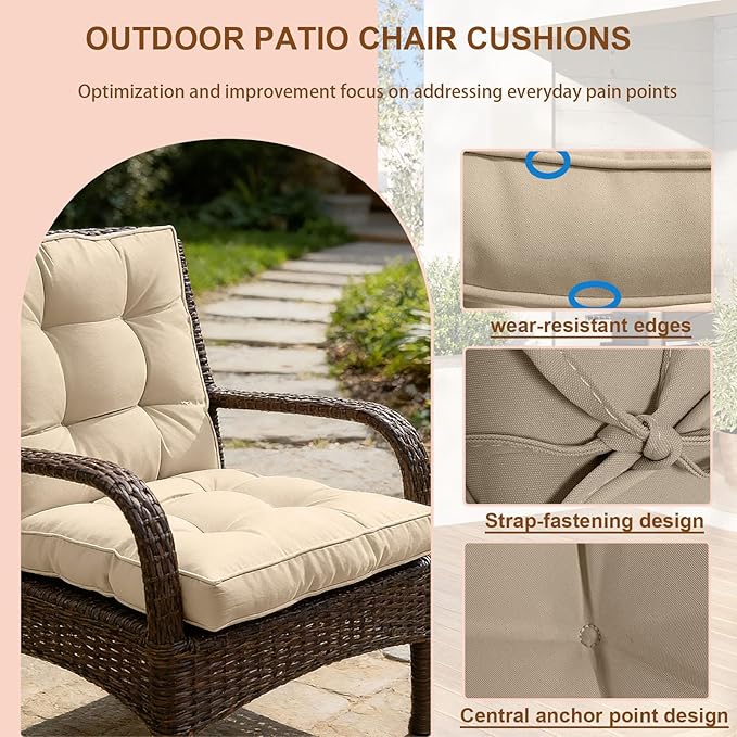 2 Piece Outdoor Patio Chair Cushions, Fade Resistant Outdoor Cushions for Patio Furniture, 6 inch Thickened Rocking Chair Cushions Set (Khaki, 24x24x6 inch - 2 Pieces)