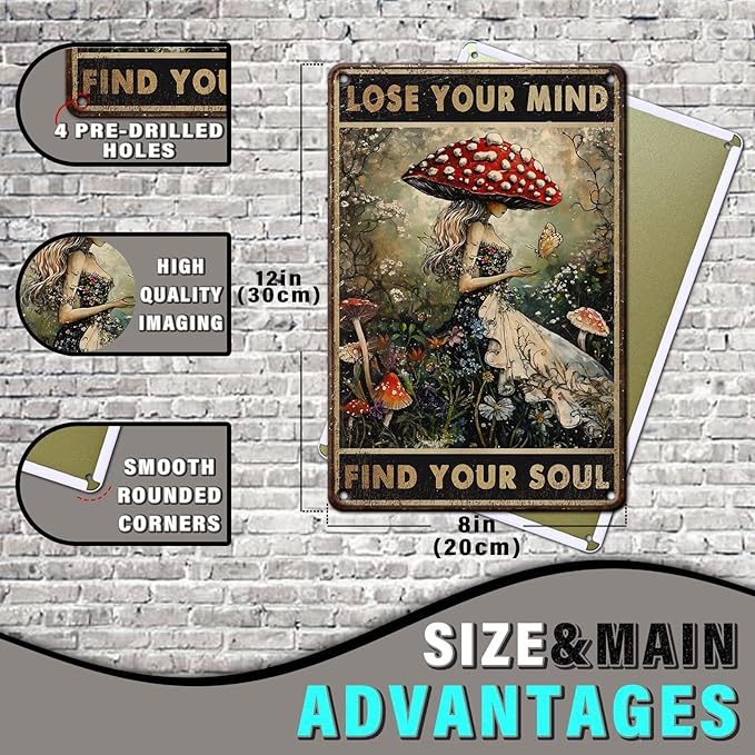 PEACHGARDEN Mushroom Kitchen Decor Mushroom Hunter Decor Lose Your Mind Find Your Soul Metal Tin Sign Vintage Wall Art for Home Kitchen Bar Cafe 8x12inch