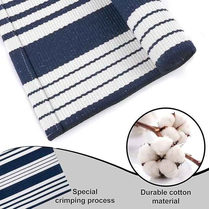 OJIA Blue and White Outdoor Rug 3'x5' Cotton Woven Striped Front Porch Rug Machine Washable Indoor Outdoor Rugs Farmhouse Entry Rug Layered Door Mat for Entryway/Kitchen/Front Door Entrance Decor